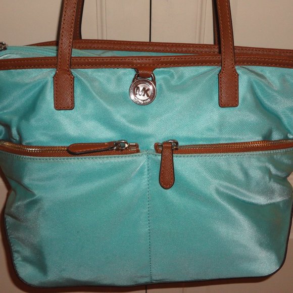 MICHAEL KORS Turquoise Canvas & Leather Shoulder Purse Handbag - Picture 2 of 8